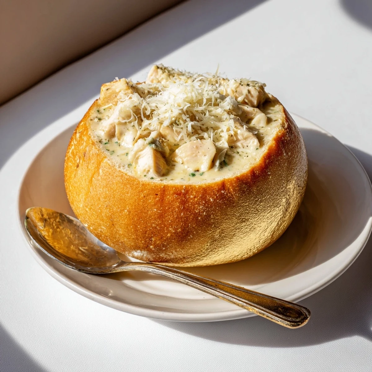 A close-up of a golden-brown bread bowl filled with creamy Chicken Alfredo, topped with melted Parmesan and fresh parsley.