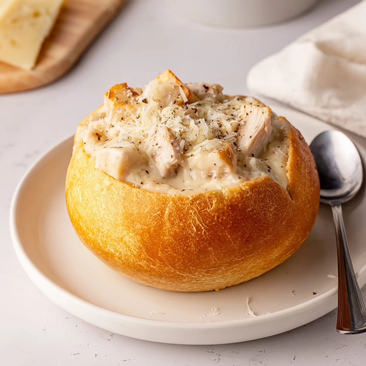 Steam rises from a warm Chicken Alfredo Bread Bowl, its rich sauce bubbling over the crusty, hollowed-out loaf.