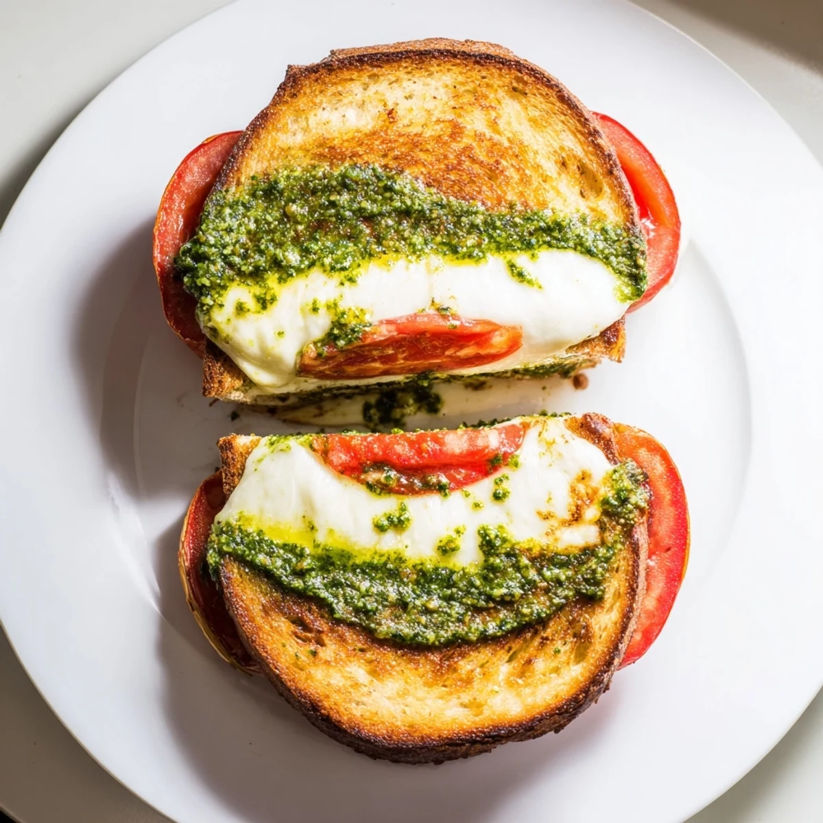 Golden-brown sourdough slices, layered with melted fresh mozzarella and ripe tomato, capture the essence of Caprese Pesto Grilled Cheese.  