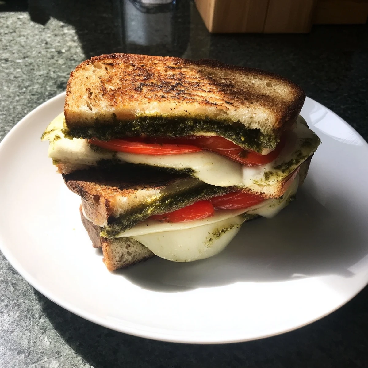 Fresh basil leaves and ripe red tomatoes peek out from the edges of a perfectly grilled Caprese Pesto Grilled Cheese sandwich.