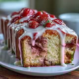 A golden pound cake loaf with vibrant strawberry swirls and a glossy vanilla glaze, perfect for dessert or teatime.  