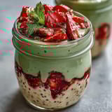 Vibrant strawberry matcha latte overnight oats in mason jars with creamy layers of oats, strawberries, and green tea.