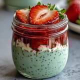 Strawberry matcha layered chia pudding jars with creamy chia, vibrant strawberry puree, and delicate matcha yogurt—a stunning and refreshing breakfast or snack.