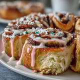Warm cinnamon roll wreath drizzled with sweet glaze and sprinkled with traditional Mardi Gras colors.