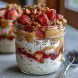 A vibrant jar of strawberry PB&J overnight oats topped with creamy peanut butter, sweet jam, and crunchy roasted peanuts for a satisfying breakfast.