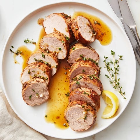 Succulent Lemon Thyme Pork Tenderloin garnished with fresh herbs and lemon wedges.  