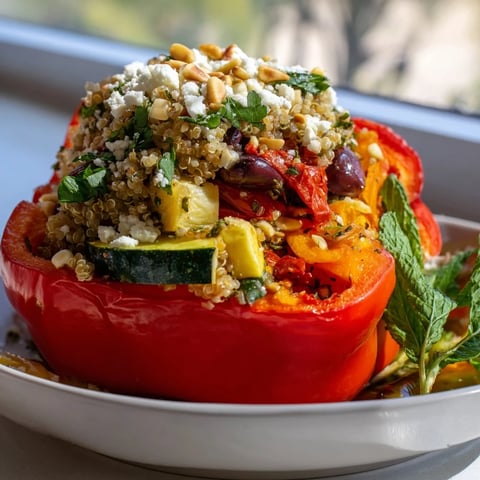 Colorful Mediterranean stuffed peppers overflowing with fresh vegetables and gooey cheese.  
