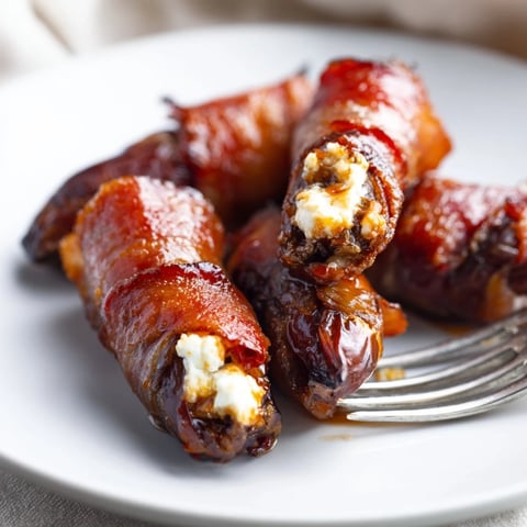 Juicy sweet and spicy bacon-wrapped dates served on a rustic platter.  