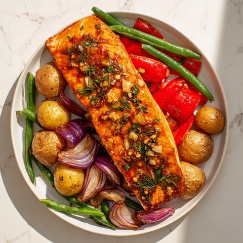 Golden, flaky Lemon Herb Salmon & Potato Sheet Pan with roasted vegetables, perfect for dinner.