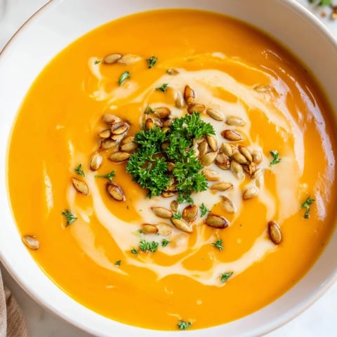 Creamy butternut squash and pear soup, vibrant orange with a swirl, ready for a warm bowl.