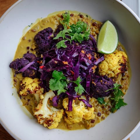Creamy red cabbage, cauliflower & coconut dhal served with fresh cilantro and a lemon wedge, a hearty meal.
