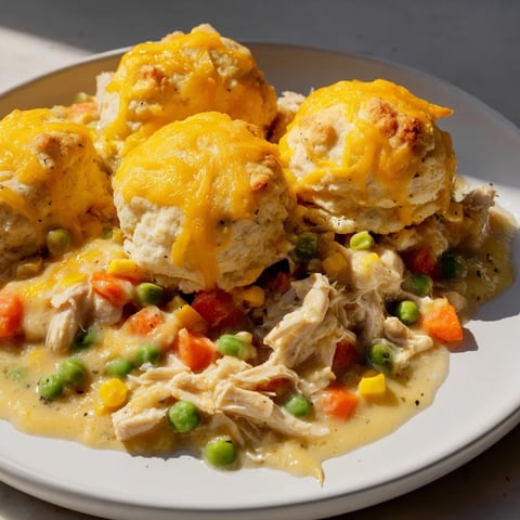 Golden, bubbly One-Pan Chicken Cobbler with cheesy biscuits topping, ready to serve and enjoy.