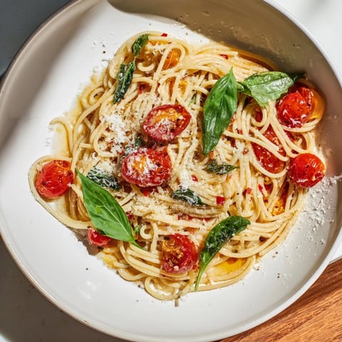 Steaming bowl of Lazy-Girl Pasta, glistening with tomatoes, perfectly describes this quick dinner recipe.