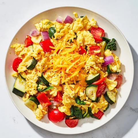 Golden-brown Egg & Veggie Sheet Pan Scramble with colorful roasted vegetables, ready to serve.