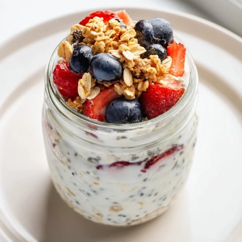 A layered jar of Overnight Oats, showcasing creamy oats with fresh berries and granola.