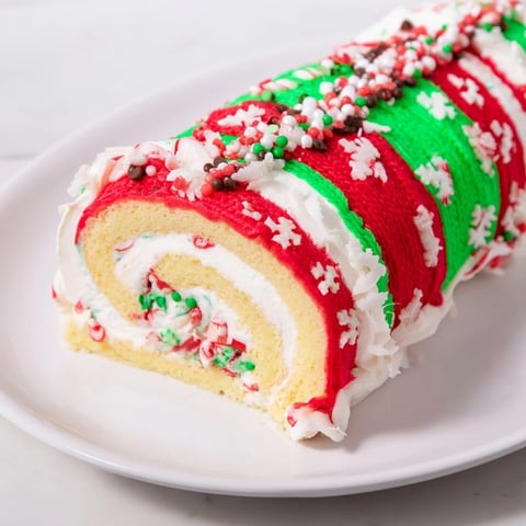 Festive Ugly Sweater Cake Roll decorated with colorful frosting and sprinkles, a fun dessert.