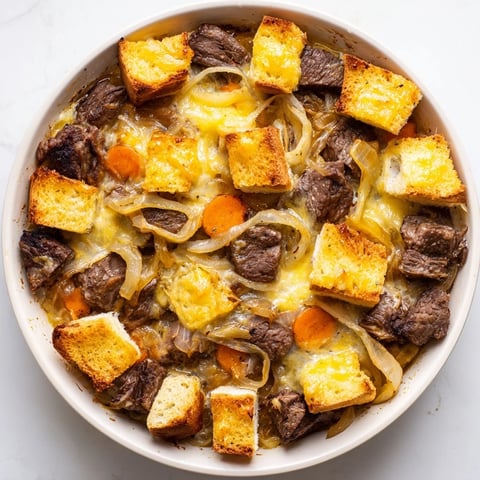 Steaming French Onion Pot Roast Casserole with melted Gruyère, a comforting family dinner brimming with flavor.