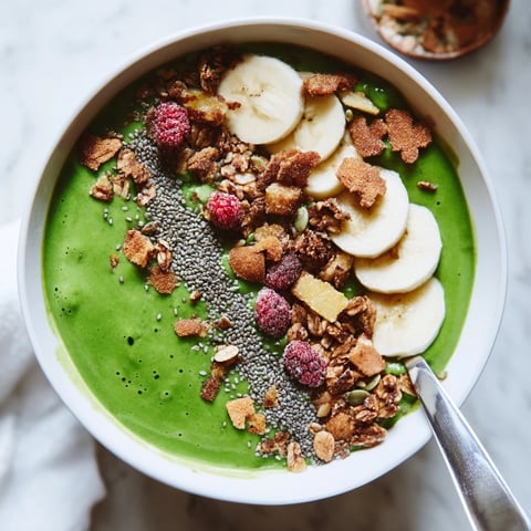 Gingerbread Cookie Matcha Breakfast Smoothie Bowl, beautifully topped with granola and fruit, inviting a delicious spoonful.