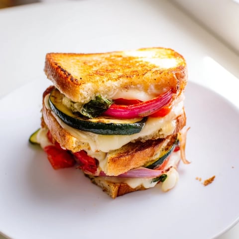 Golden sheet-pan roasted veggie Caprese grilled cheese with oozing mozzarella and juicy tomatoes.