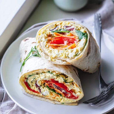 Snowflake hummus wrap with roasted vegetables, a colorful and delicious, layered meal.