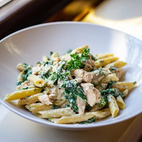 One-Pot Creamy Spinach & Turkey Christmas Pasta, a warm bowl of creamy comfort, ready to serve.