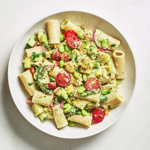 Vibrant Holiday Glow Green Goddess Protein Pasta Salad: a creamy, veggie-packed salad ready to enjoy.