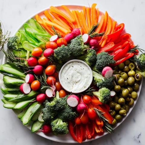 Festive wreath veggie dip platter with colorful vegetables, perfect for holiday entertaining, ready to serve.