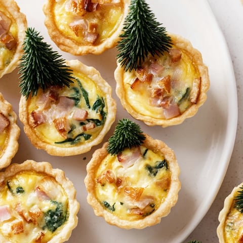 Mini Quiche Holiday Village Board arranged with rosemary "trees" and festive garnishes for entertaining.