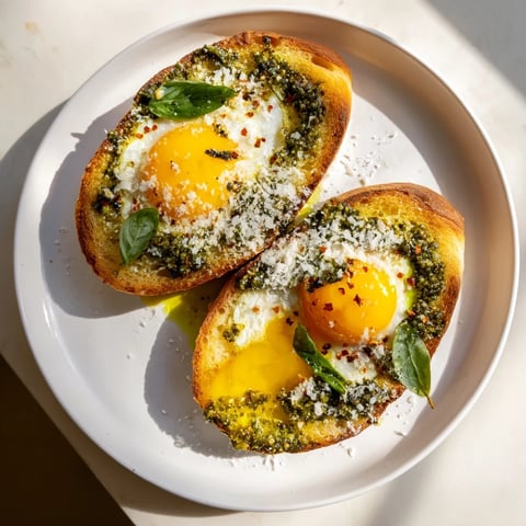 Golden sourdough toast topped with jammy eggs and flavorful pesto, the perfect Pesto Egg Toast.
