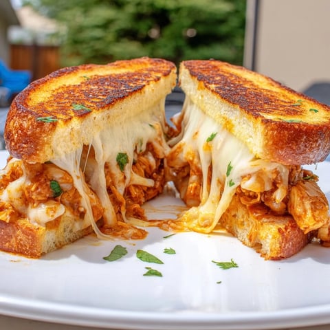 Golden, toasted Savory Butter Chicken Grilled Cheese oozes delicious melted cheese and flavorful butter chicken.