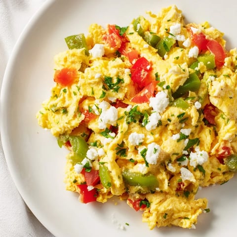 Turkish Menemen Scramble ready to eat, a colorful, hearty breakfast with fresh tomatoes and peppers.