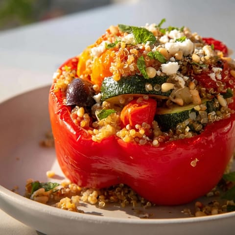 Baked Mediterranean stuffed peppers topped with herbs, cheese, and crispy pine nuts.  