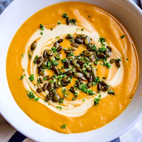 A bowl of autumnal butternut squash and pear soup, garnished with green herbs and seeds.