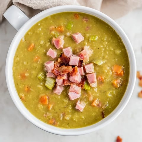 Thick, creamy Split Pea Soup with rich flavors from ham and bacon, ready to enjoy.
