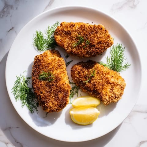 Pan-fried pickle-brined chicken cutlets with a delightful crunch, ready for serving with lemon.