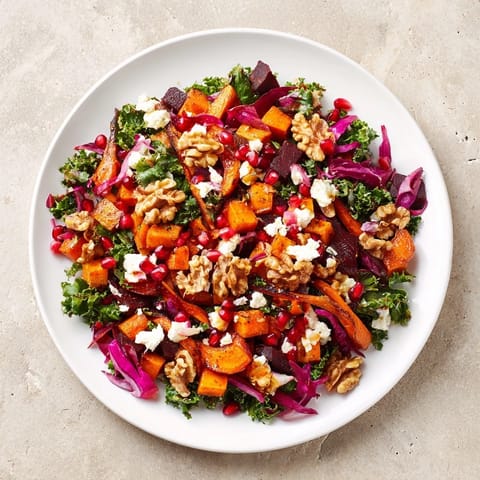 A beautiful, colorful Hot Girl Winter Salad, with roasted root vegetables, ready to eat.