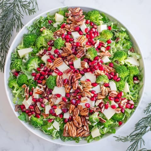A visually appealing Chopped Christmas Tree Salad showing a festive green salad with jewel-toned pomegranate.