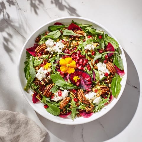 Vibrant Pomegranate Feta Wreath Salad, drizzled with olive oil dressing, ready to be enjoyed.