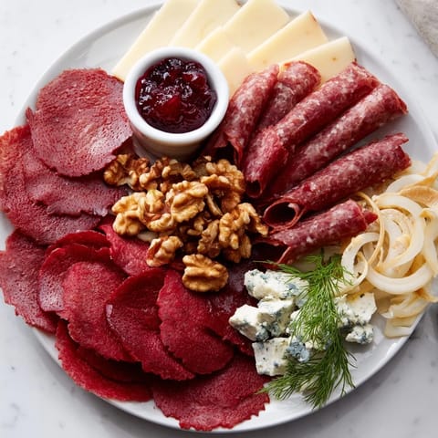 Vibrant Reindeer Charcuterie Platter with smoked reindeer, Gouda, and lingonberry jam arranged invitingly.