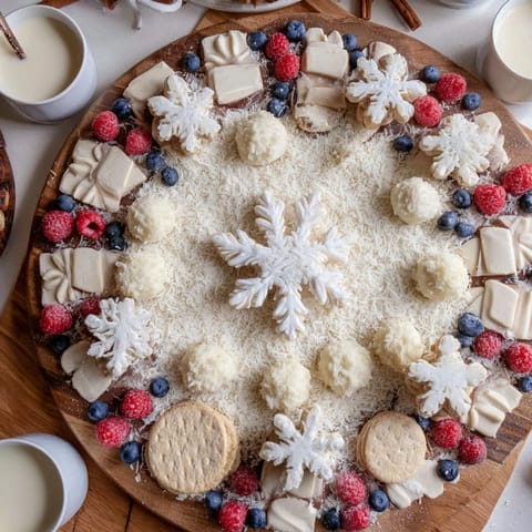 This Snowflake Dessert Board is overflowing with white treats and vibrant red berries for the holidays.