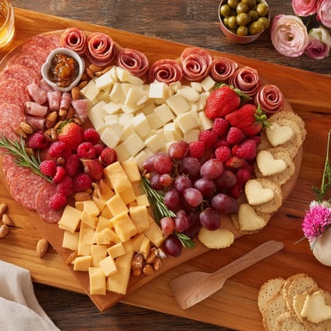 Heart-shaped charcuterie board: a romantic appetizer featuring fresh fruits, cheeses, and cured meats beautifully arranged.