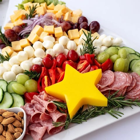 A delicious Christmas Tree Snack Board offers a visually stunning arrangement of colorful appetizers for sharing.