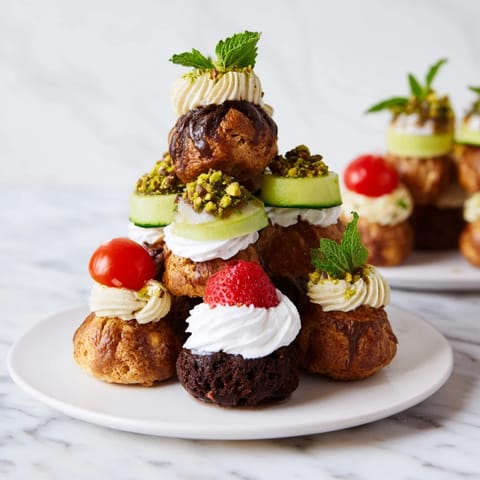 Towering Tour d'Éléphant Goûter Gourmand boasts layers of chocolate and savory bites, drizzled with honey.