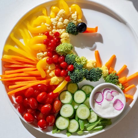 Freshly arranged Seahorse Veggie Dip featuring bell peppers, broccoli, and a tangy, cool dip for dipping.