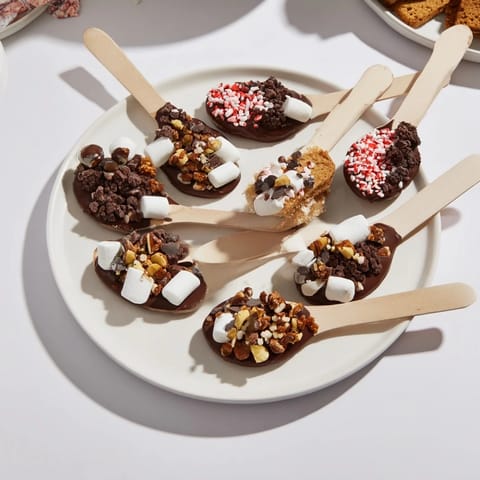 This vibrant hot chocolate spoon toppings board displays shimmering chocolate spoons ready for a delightful, sweet dip.