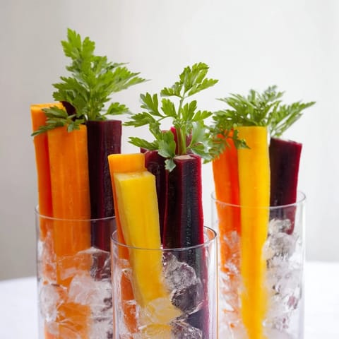 Colorful Simple Crudités: Rainbow carrot sticks chilled in tall glasses, perfect for a refreshing appetizer.
