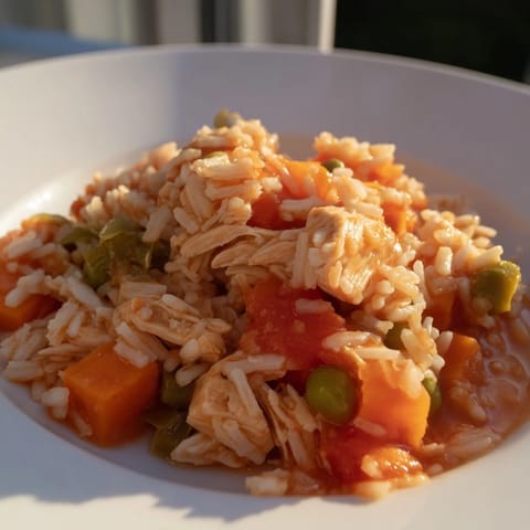 A close-up of steaming One-Pot Chicken and Rice, with visible tender chicken and fluffy rice in a rich sauce.