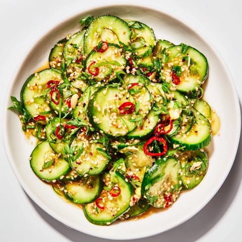 Vibrant Tangy Shaken Asian-Style Cucumber Salad, showcasing the crisp cucumbers and zesty dressing.