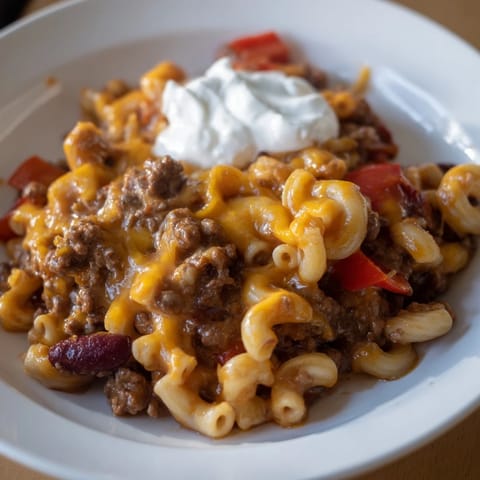 Creamy one-pot chili mac featuring tender elbow macaroni and savory ground beef, ready to eat.