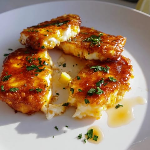 Perfectly fried Hot Honey Halloumi, ready to eat, served with a tangy hot honey drizzle.